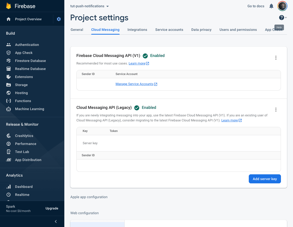 cloud messaging settings tab