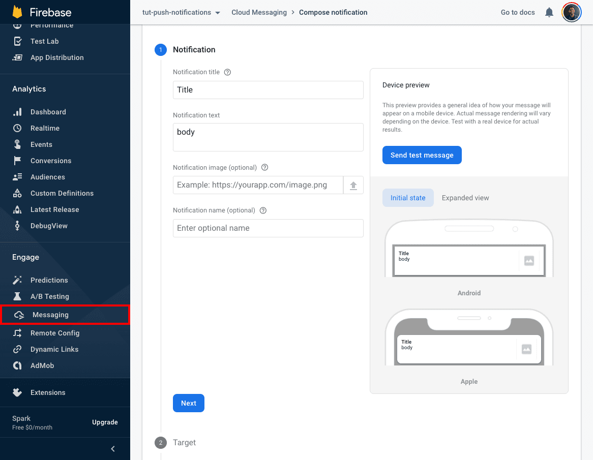 firebase messaging composer step 2